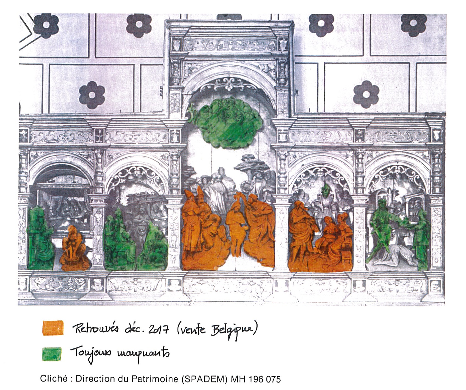 Retable des scènes de la vie de saint Jean-Baptiste : montage reprenant les vols et les redécouvertes des différents éléments constituant ce retable