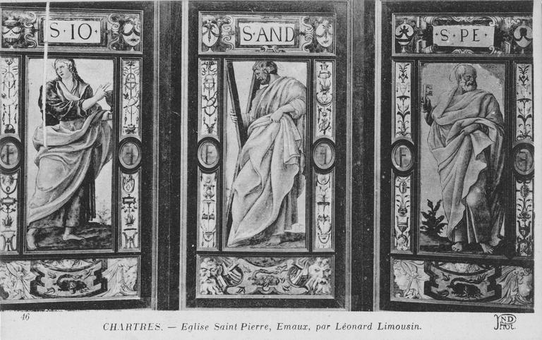 carte postale représenant les trois plaques décoratives : Apôtres (saints Jean, André, Pierre), émaux peints, provient de la sacristie de la chapelle d'Anet - © Ministère de la Culture (France), Médiathèque du patrimoine et de la photographie (objets mobiliers), tous droits réservés