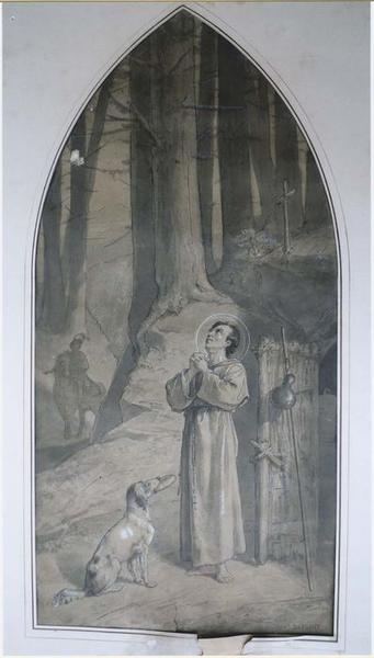 esquisse et son cadre : Saint Roch nourri miraculeusement par le chien du seigneur Gothard, vue générale - © Ministère de la Culture (France), Médiathèque du patrimoine et de la photographie (objets mobiliers), tous droits réservés