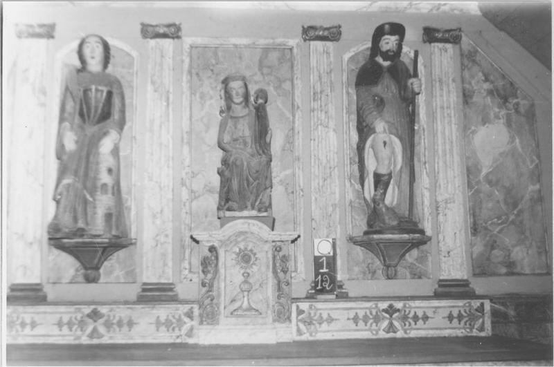 statue : sainte Barbe, saint Roch, Vierge à l'enfant, vue générale