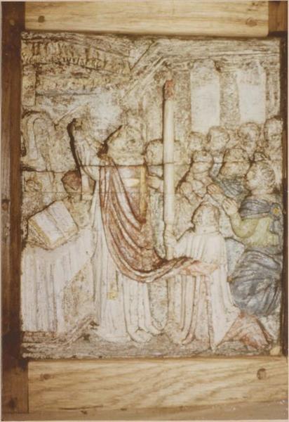 reliefs (panneaux sculptés) : Les Sept sacrements et la lecture de la loi, détail