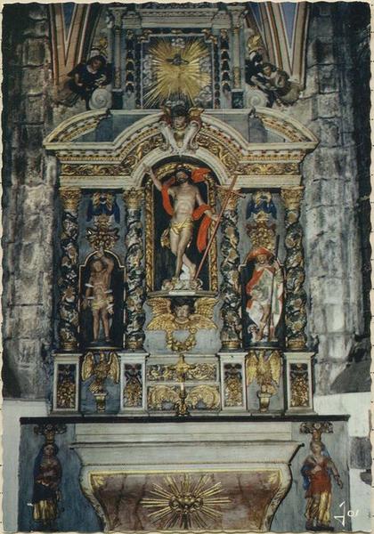 autel et retable de la Résurrection, 3 statues : Le Christ ressuscité, Saint Sébastien, Saint Roch, vue générale