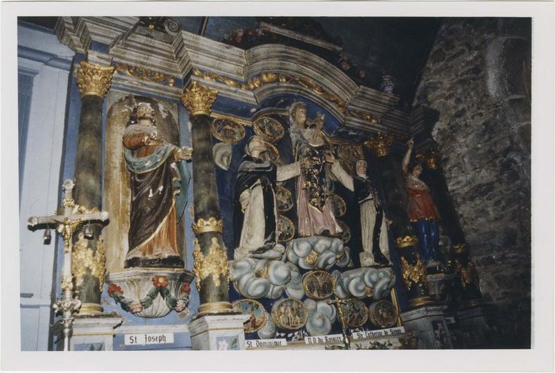 retable, statues : sainte Catherine de Sienne, saint Dominique, Vierge, saint Joseph et l'ange gardien, vue générale