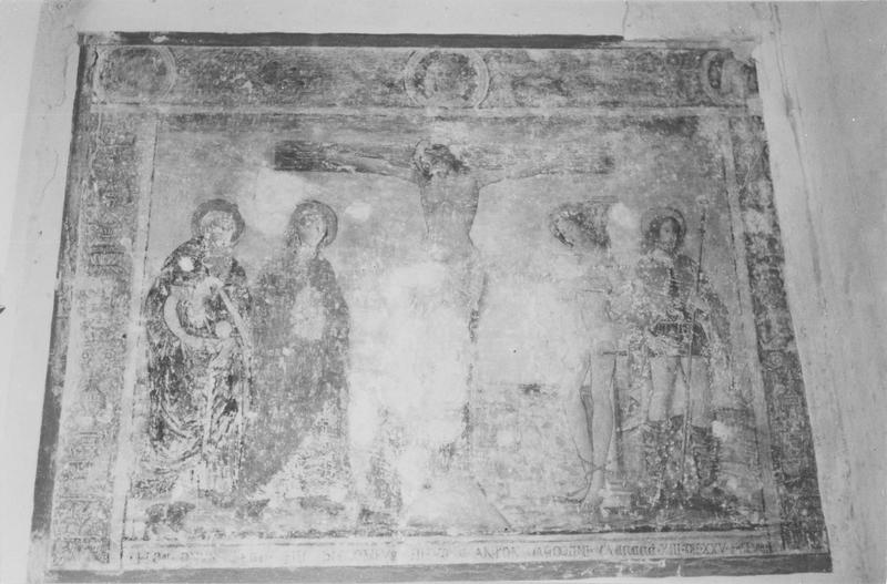 peintures monumentales : Le Christ en Croix entre la Vierge, saint Antoine, saint Sébastien, saint Roch et un donateur, Le Christ en Croix entre la Vierge et saint Sébastien