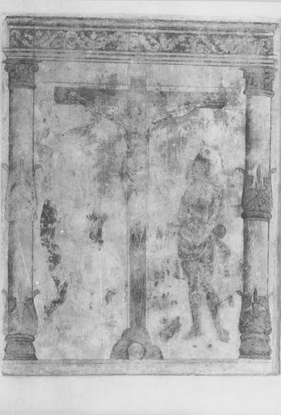 peintures monumentales : Le Christ en Croix entre la Vierge, saint Antoine, saint Sébastien, saint Roch et un donateur, Le Christ en Croix entre la Vierge et saint Sébastien