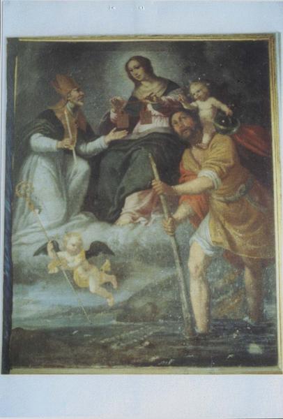 tableau d'autel : Saint Christophe portant l'Enfant Jésus et Notre-Dame du Mont Carmel, remettant le scapulaire à saint Erasme, cadre - © Ministère de la Culture (France), Médiathèque du patrimoine et de la photographie, diffusion RMN-GP