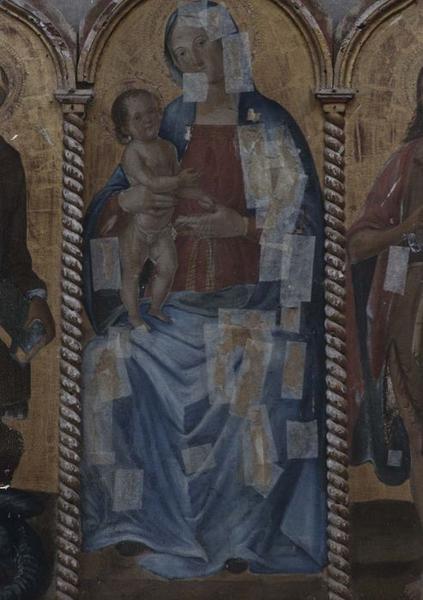 triptyque : Vierge à l'enfant entre saint Jean-Baptiste et saint Antoine, vue partielle : Vierge à l'enfant