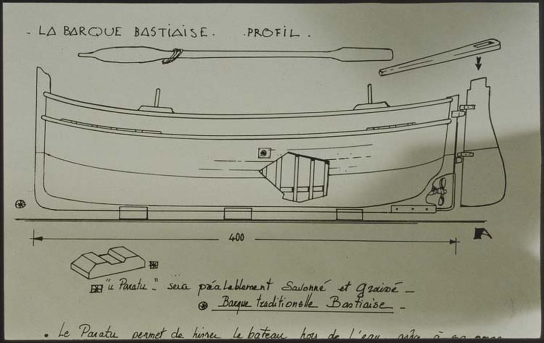 bateau de pêche : Barque bastiaise à voile latine (u squivu ou u pisdtellu) dite Sainte-Elisabeth, plan du profil, vue générale