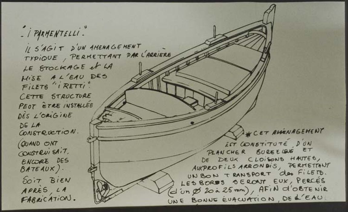 bateau de pêche : Barque bastiaise à voile latine (u squivu ou u pisdtellu) dite Sainte-Elisabeth, dessin, vue générale