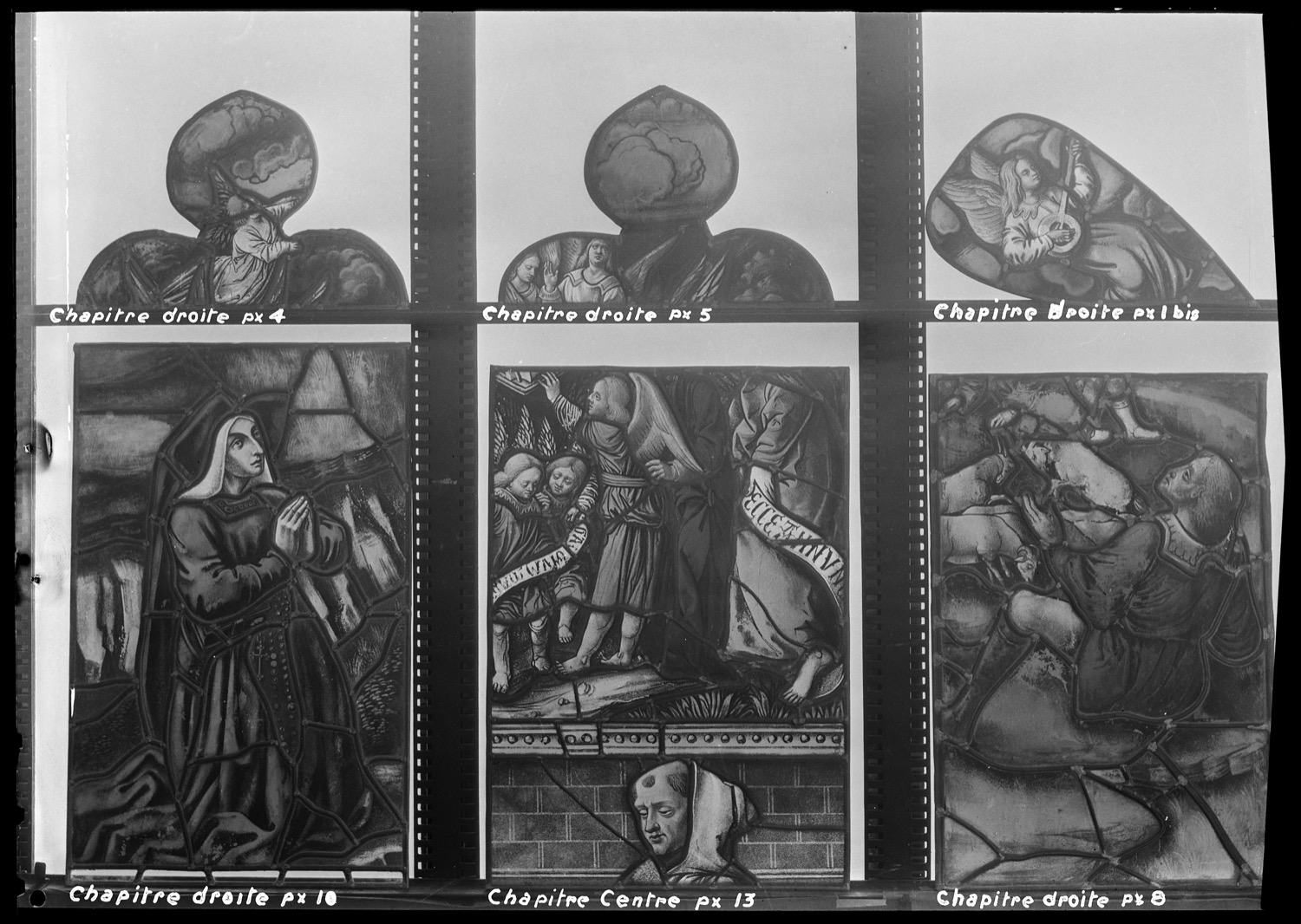 Salle capitulaire : chapitre droite, panneaux de vitrail 1bis, 4, 5, 8, 10 et 13 [salle capitulaire]