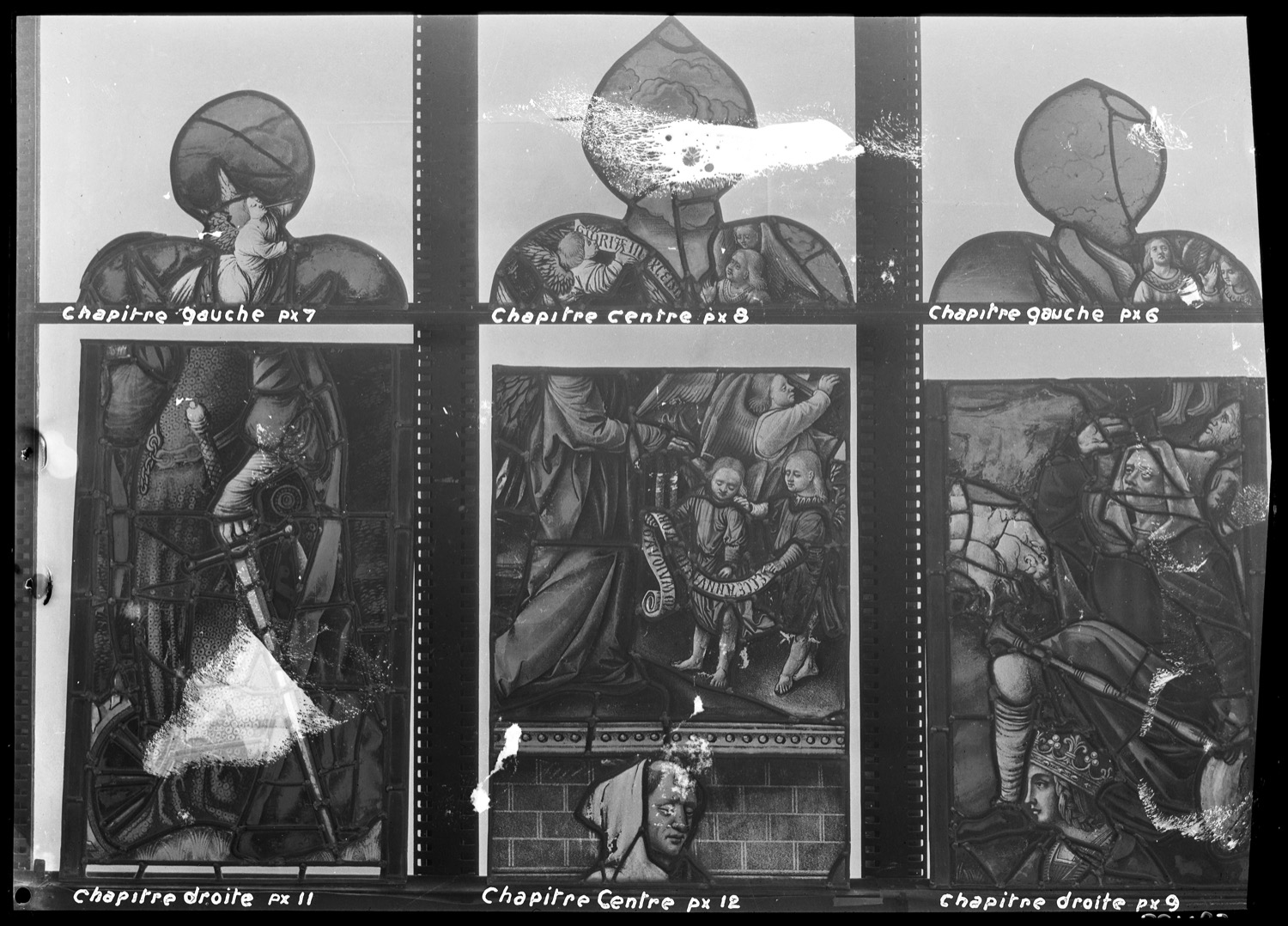 Salle capitulaire : chapitre gauche, panneaux de vitrail 6 et 7 ; Chapitre centre : panneaux de vitrail 8 et 12 ; Chapitre droite : panneaux de vitrail 9 et 11 [salle capitulaire]