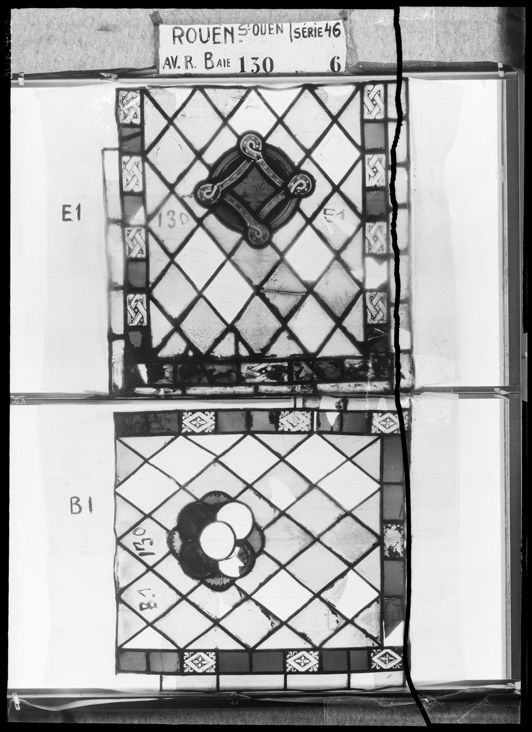 Eglise abbatiale : baie 130, panneaux de vitrail B1 et E1