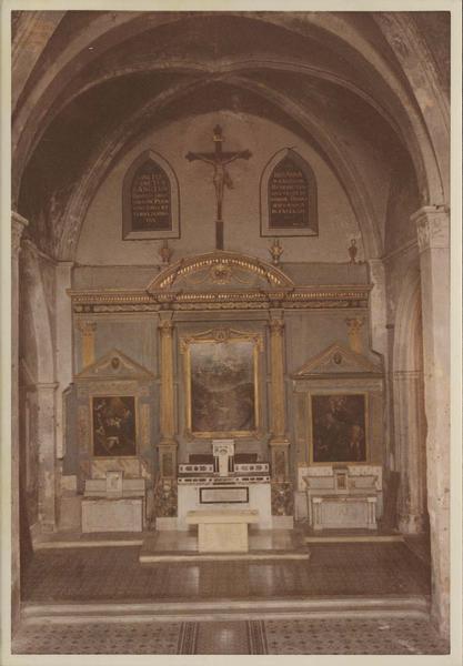 tableaux (3) du maître-autel : saint Roch et saint Sébastien aux pieds de la Vierge, Notre-Dame du Rosaire, Assomption (l'), vue générale