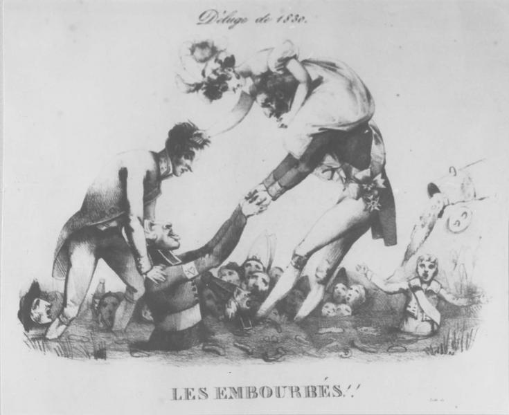 estampe : vie du comte de Chambord, vue générale : « Déluge de 1830, les embourbés »
