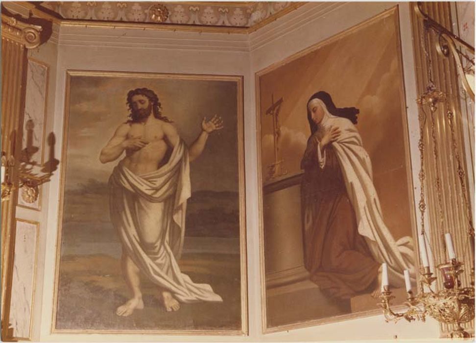 ensemble de 5 tableaux et leur cadre : L'Adoration du Sacré Coeur, Le Bon Pasteur, Le Christ ressuscité, Saint François d'Assise en méditation, La visitandine Marguerite Marie