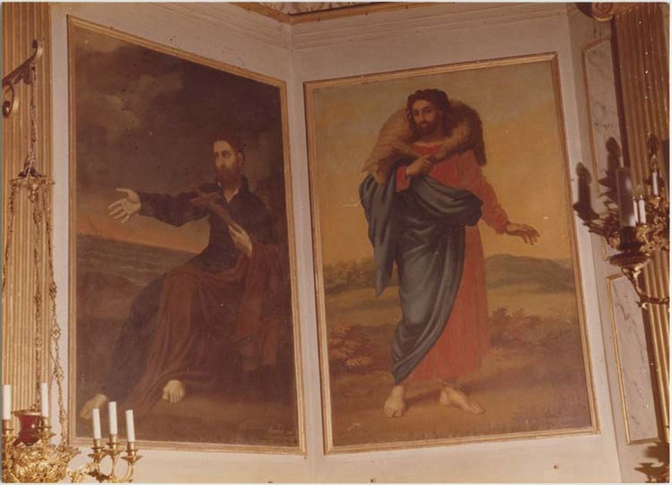 ensemble de 5 tableaux et leur cadre : L'Adoration du Sacré Coeur, Le Bon Pasteur, Le Christ ressuscité, Saint François d'Assise en méditation, La visitandine Marguerite Marie