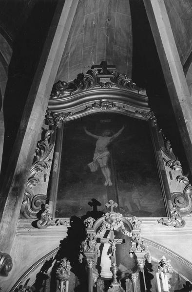 autel, tabernacle, exposition, retable, tableau : Christ en croix, cadre, détail