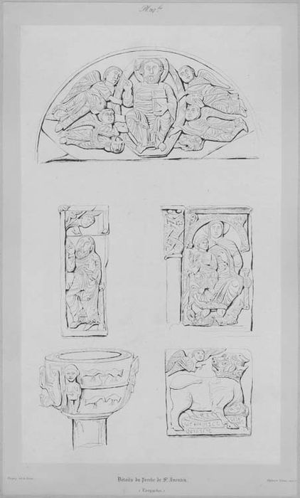 bas-relief : Vierge à l'Enfant ; fonts baptismaux ; tympan ; bas-reliefs