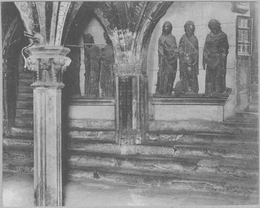 statues : Christ (le), saint Jude, saint Paul, saint Simon, saint Jacques, saint Matthieu, vue partielle