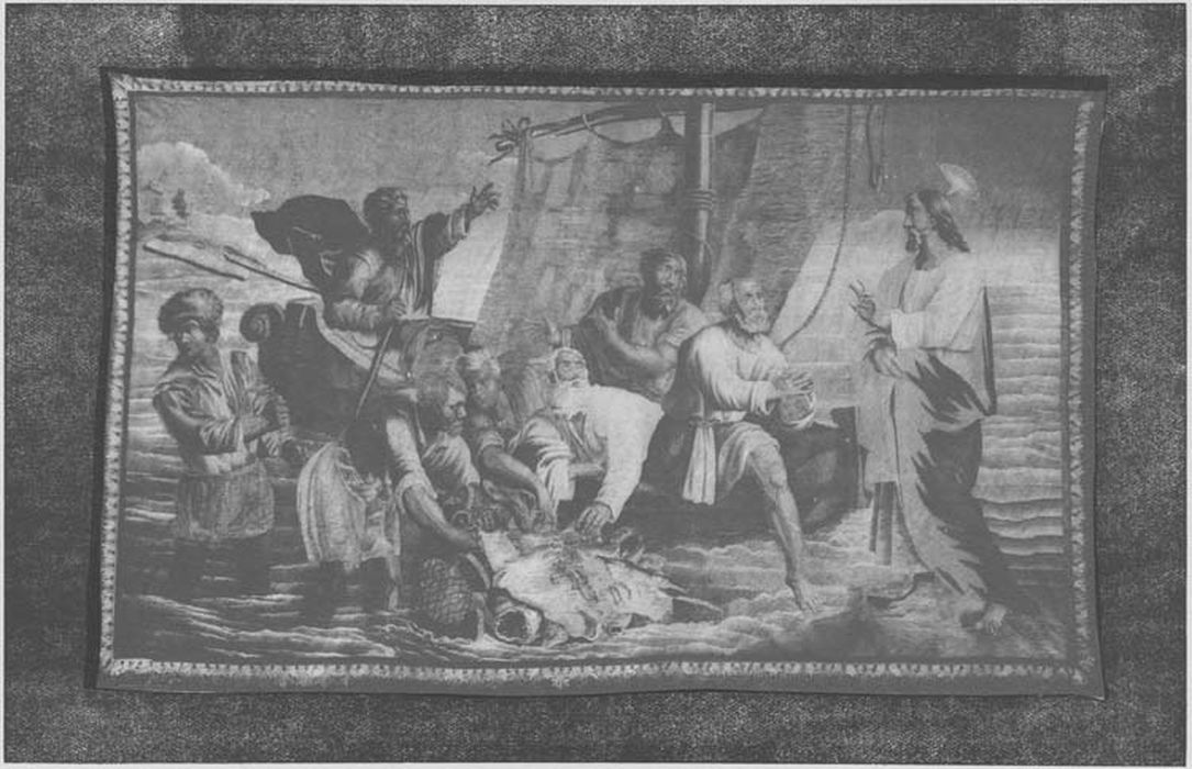 pièce murale : Joseph et Benjamin (tenture composée de Joseph et Benjamin, la Lapidation de saint Etienne, Prédication de saint Paul à Ephèse, Remise des clefs à Saint-Pierre, Pêche miraculeuse)