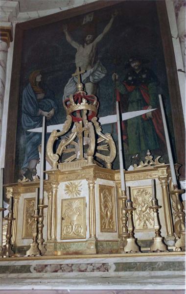 Décor du choeur (peinture monumentale) et tableau : Christ en croix entre la Vierge et saint Jacques