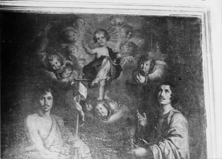 tableau : L'Enfant Jésus bénissant entre saint Jean-Baptiste et saint Jean l'évangéliste, détail de la partie haute