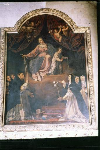 tableau : Vierge et Enfant Jésus remettant le rosaire à saint Dominique et à sainte Catherine de Sienne