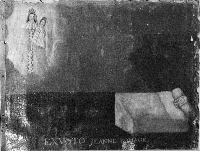 tableau, ex-voto : Femme couchée dans un lit à baldaquin Jeanne Romage