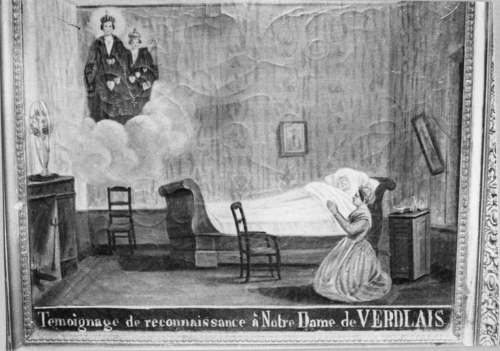 tableau, ex-voto : Femme agenouillée près d'un malade dans un lit bâteau à rideaux blancs et Vierge en haut à gauche