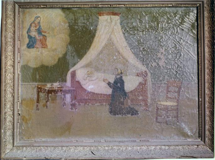 tableau, ex-voto : Femme agenouillée près d'un malade couché dans un lit bâteau à rideaux blancs et une tasse sur la table de chevet