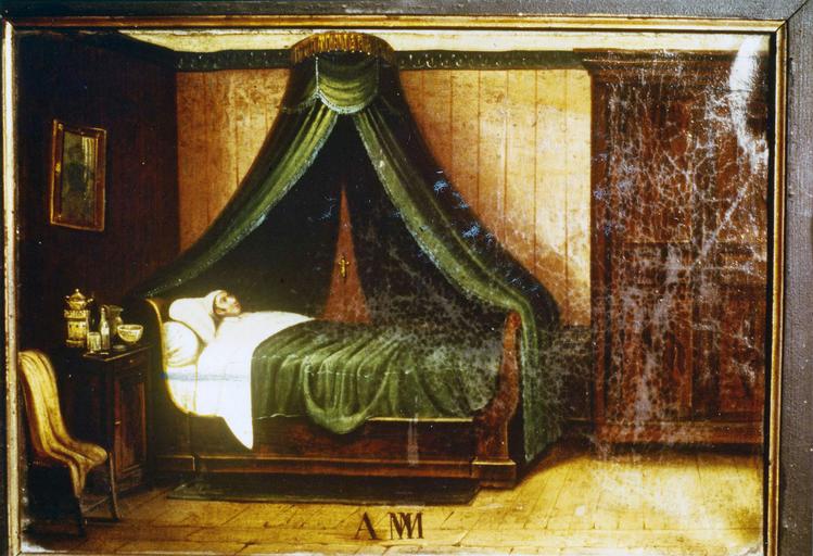 tableau, ex-voto : Personnage couché dans un lit avec des rideaux verts