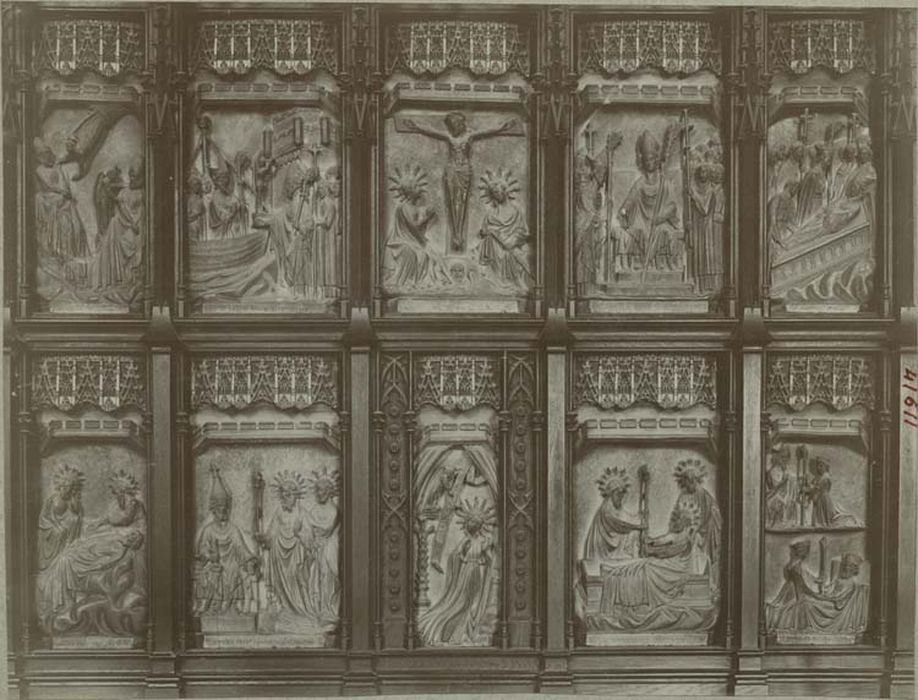 retable, bas-reliefs : la Crucifixion, l'Annonciation, scènes de vie de saint Martial et de saint Seurin