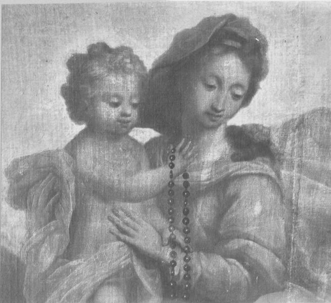 tableau : Vierge et l'enfant présentant le Rosaire à saint Dominique, en présence d'une sainte martyre (la), détail