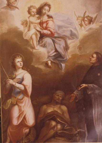 tableau : Vierge et l'enfant présentant le Rosaire à saint Dominique, en présence d'une sainte martyre (la), vue générale