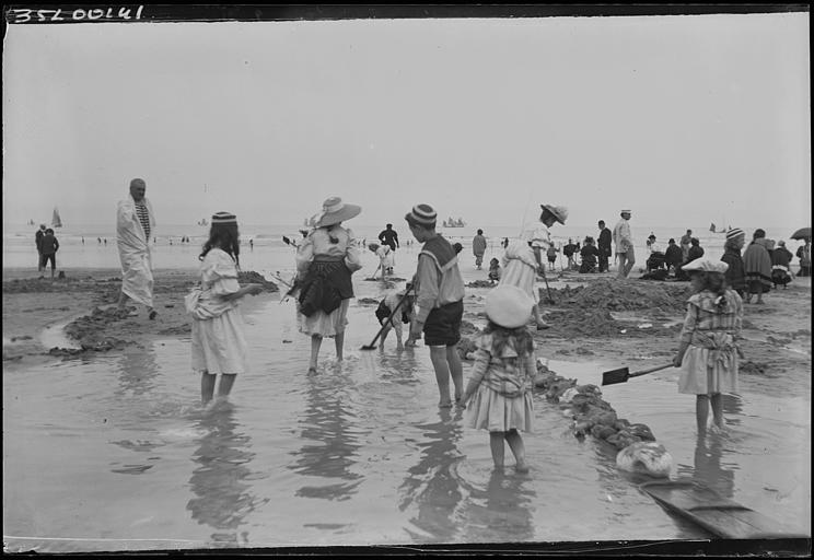 Plage à marée basse : adultes et enfants à la pêche à pied avec des pelles