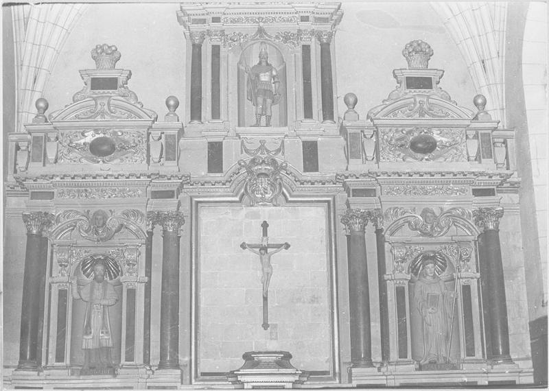 retable, tableau, 3 statues du maître-autel : saint Georges, saint Hilaire, saint Alfred, vue partielle