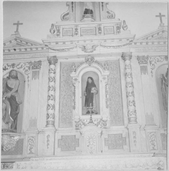 autel, retable, statues : saint Jean-Baptiste, saint Fiacre, saint Stanislas, saint Hubert, vue partielle