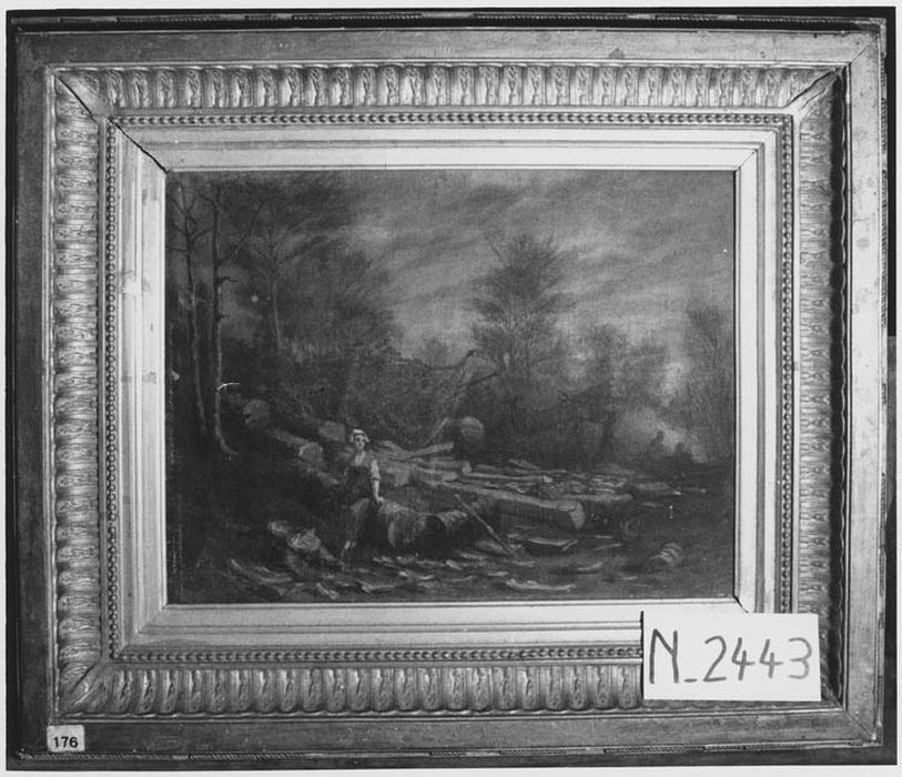 tableau : Bûcherons dans une coupe de bois se chauffant autour d’un feu