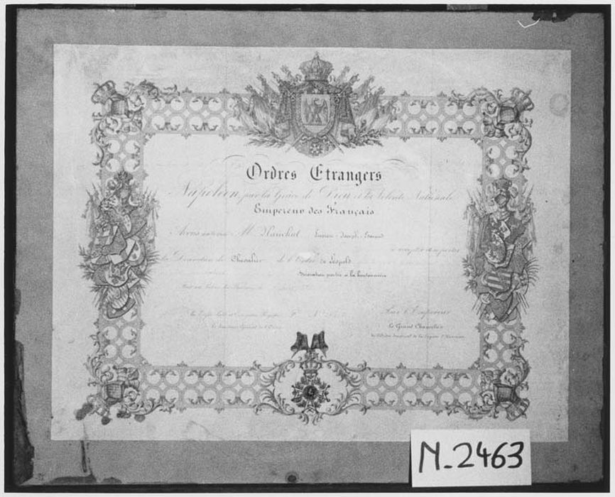 estampe : Diplome de Chevalier de l’Ordre de Leopold décernné à Edmond Planchut par Napoléon III