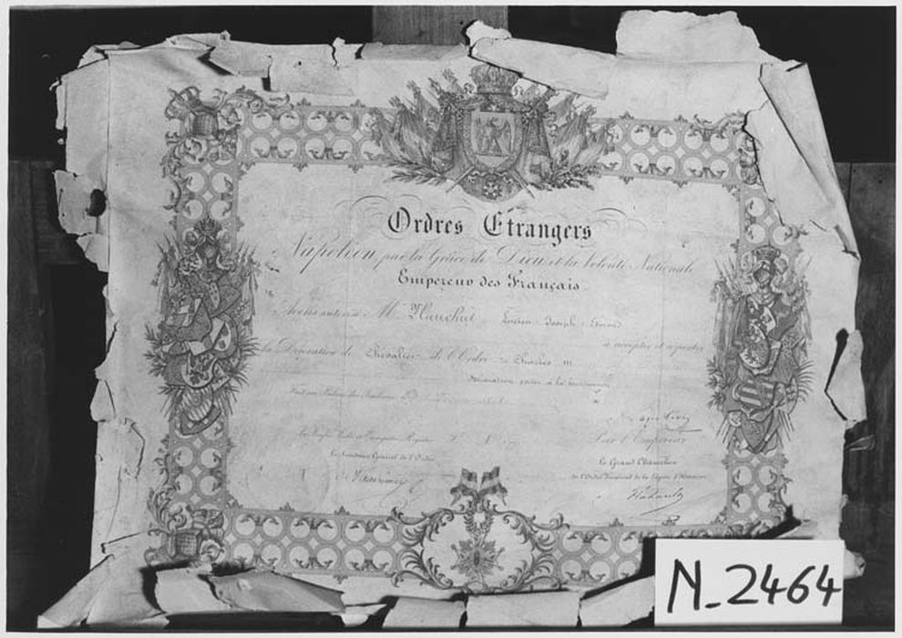 estampe : Diplome de Chevalier de l’Ordre de Chales III décernné à Edmond Planchut par Napoléon III