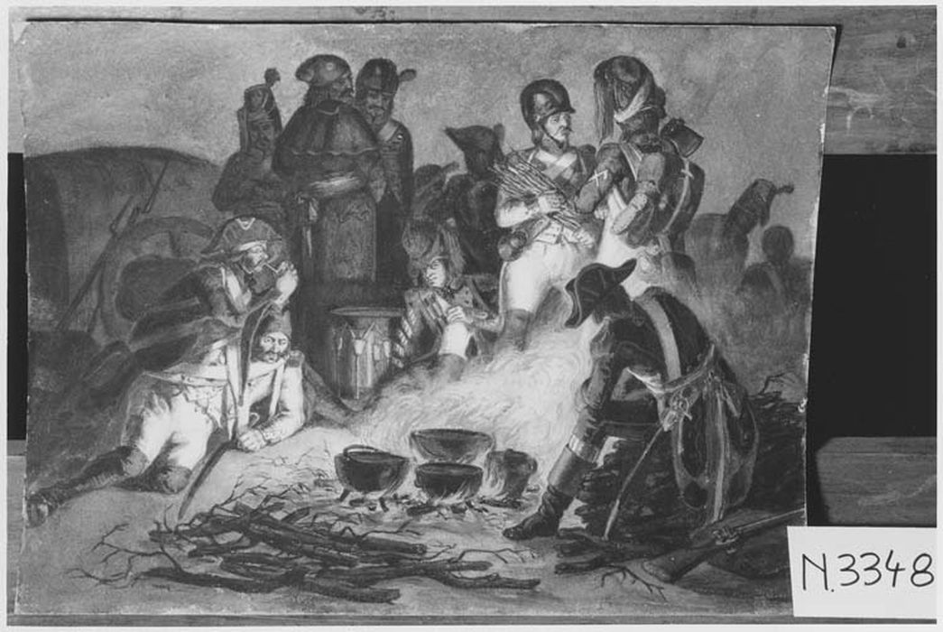 tableau : Veillée de soldats napoléoniens autour d’un feu