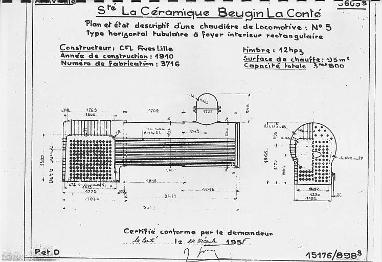 locomotive à vapeur Fives-Lille 030T n°5 à voie normale, plan et état descriptif d'une chaudière, type horizontal tubulaire à foyer intérieur rectangulaire