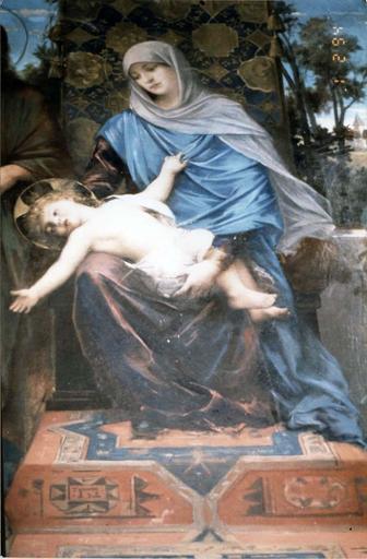 tableau : Vierge à l'Enfant, avec saint Joseph, saint Martin, un berger ? et un ange, présentant une jeune fille (la), détail