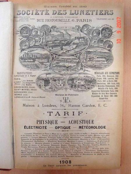 cabinet de physique du lycée René-Descartes : 52 instruments de démonstration de phénomènes physiques. En-tête de la Société des Lunetiers 6 rue Pastourelle à Paris (1908). - © Ministère de la Culture (France), Médiathèque du patrimoine et de la photographie (objets mobiliers), tous droits réservés