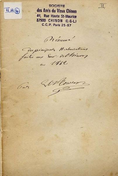 Manuscrits annexes à l'herbier d'Indre-et-Loire d'Ernest-Henry Tourlet : comptes-rendus et résumés des herborisations en Indre-et-Loire, manuscrits traitant du classement des espèces dans l'herbier d'Indre-et-Loire, et ébauches de la 'Flore d'Indre-et-Loire'