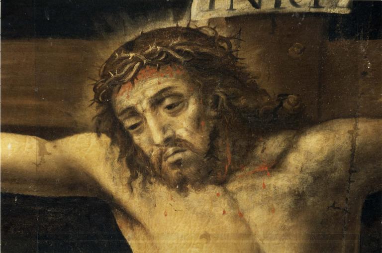 tableau : Crucifixion, détail du visage du Christ
