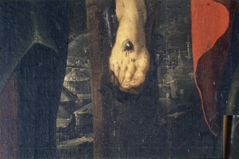 tableau : Crucifixion, détail du bas de la croix et des pieds du Christ
