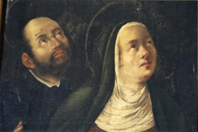 tableau : Crucifixion, détail de la Vierge et d'un saint jésuite