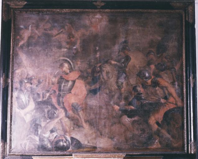 tableau, cadre : Martyre de saint Maurice, huile sur toile, cadre en bois peint et doré