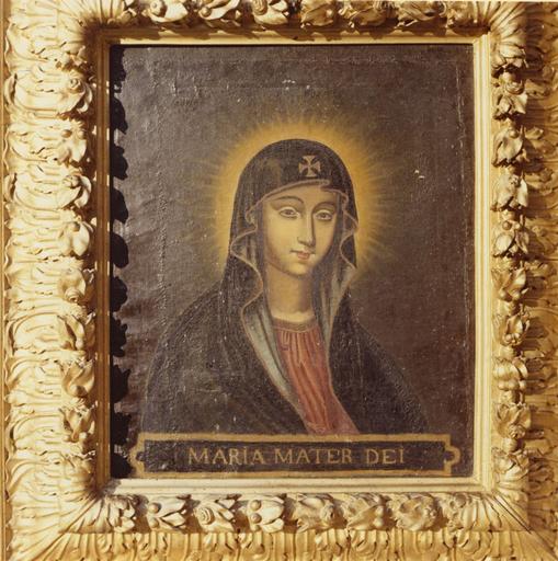 Tableau : Maria Mater Dei, portrait en buste de la Vierge, huile sur toile, cadre en bois doré à décor de feuillages et fleurs